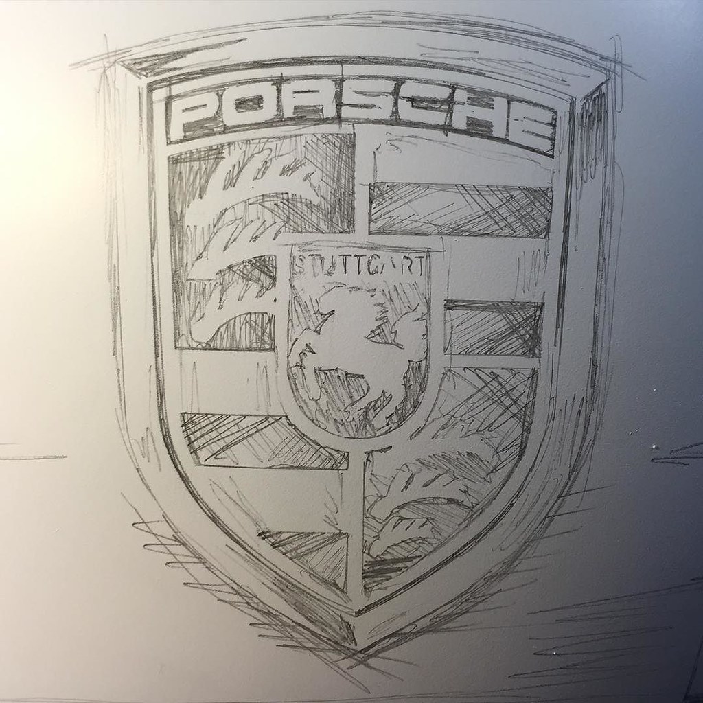 Old Porsche crest sketch on a napkin